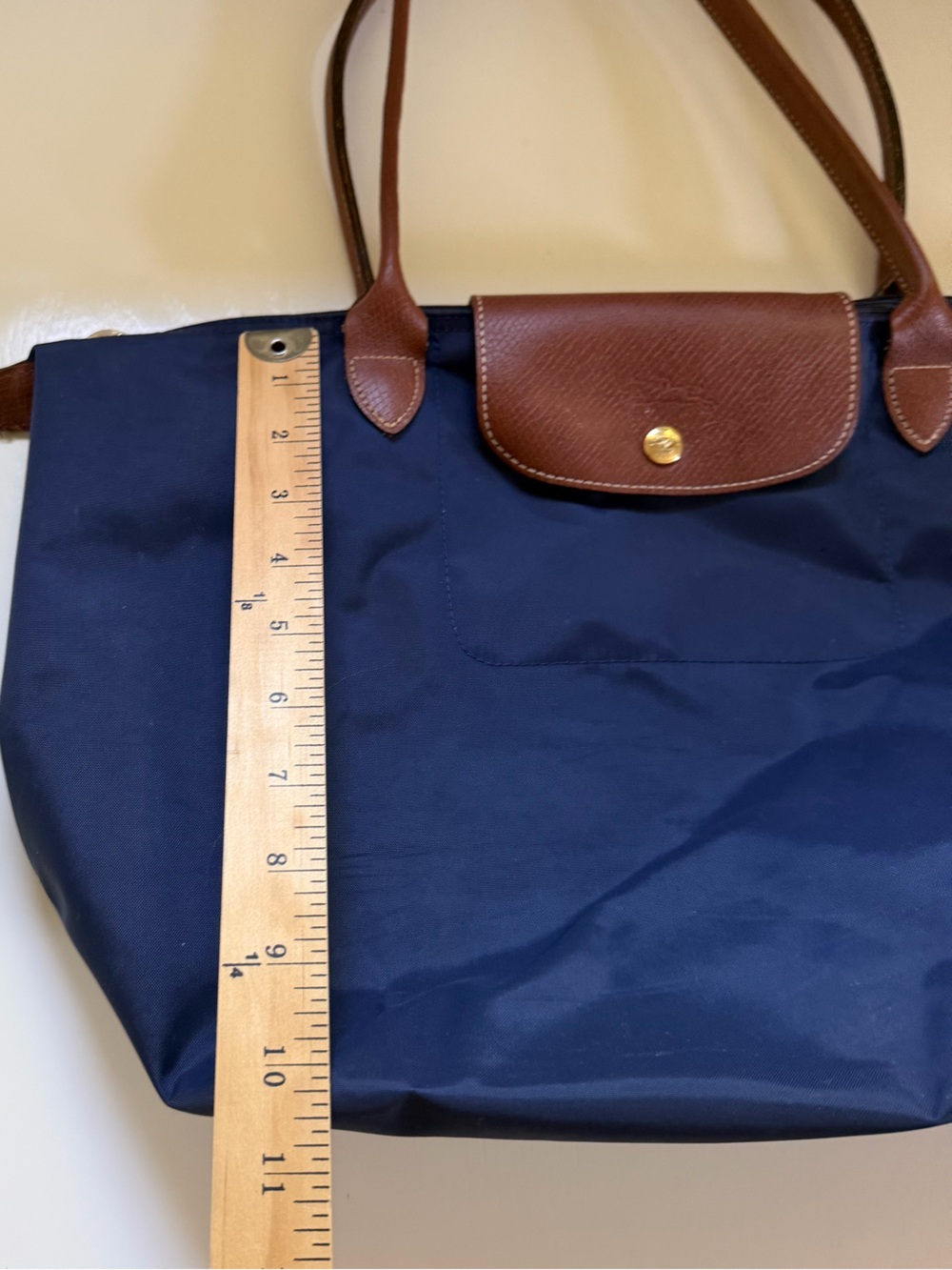 Longchamp La Pliage Tote Navy Blue Nylon Leather Classic Authentic - Picture 6 of 16